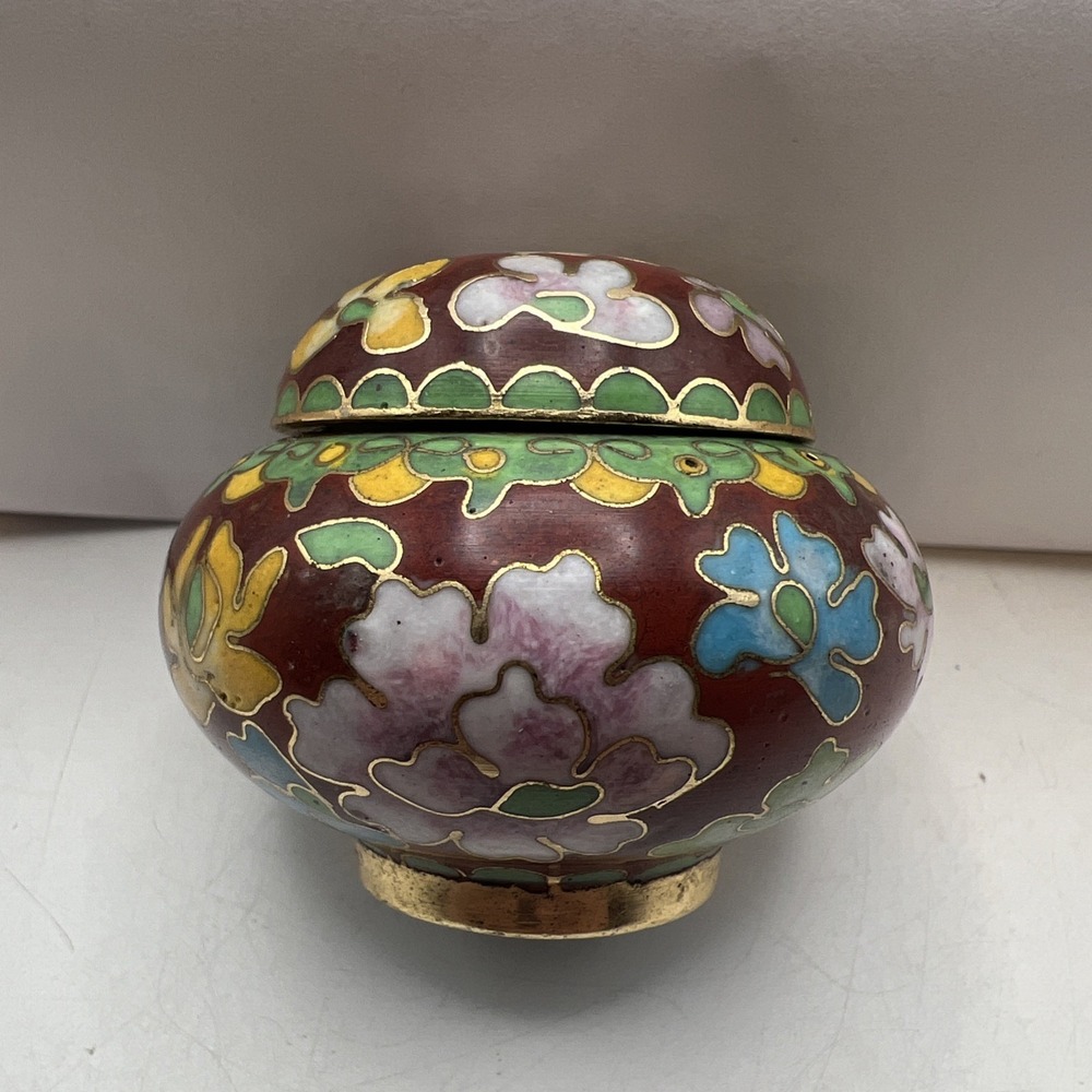 Vtg Small Chinese Floral Cloisonné Enamel Jar With Lid Exc Cond Trinket Bowl - Picture 6 of 9